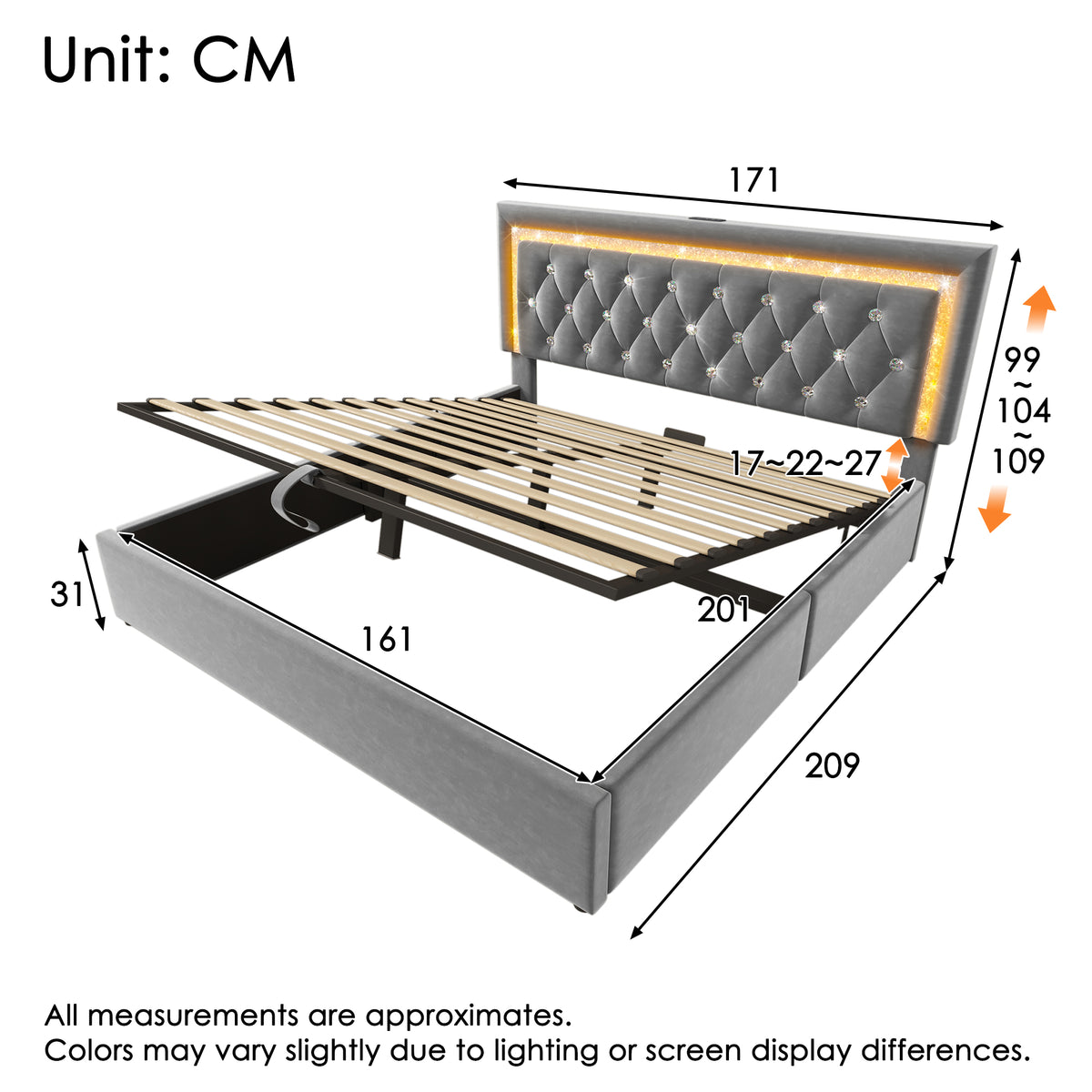 Upholstered Bed 160x200cm with LED & Storage, Grey Velvet