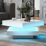 Modern Square Coffee Table with Rotating Top and LED Light, High-Gloss White
