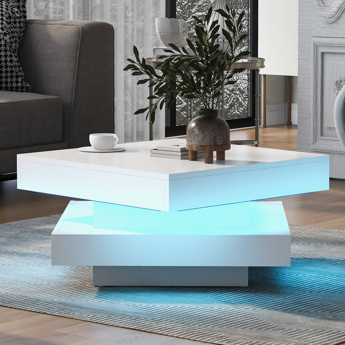 Modern Square Coffee Table with Rotating Top and LED Light, High-Gloss White