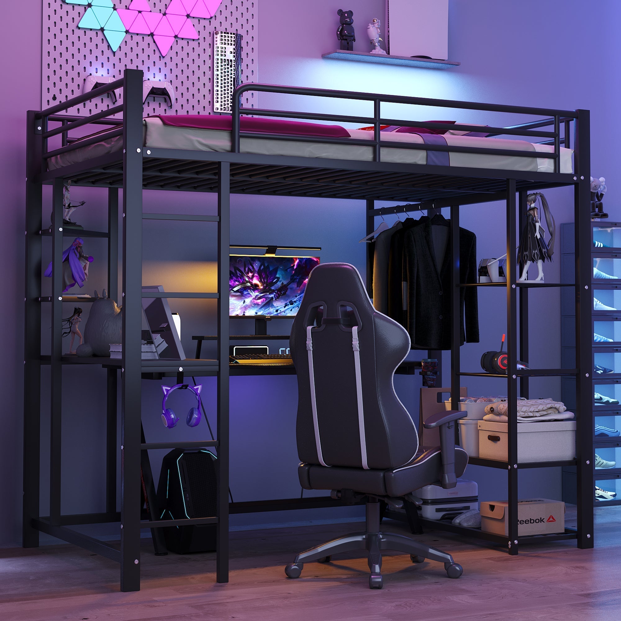Loft Bed 90x200cm Single/Children's Bed with Ladder, Table, Storage, Black