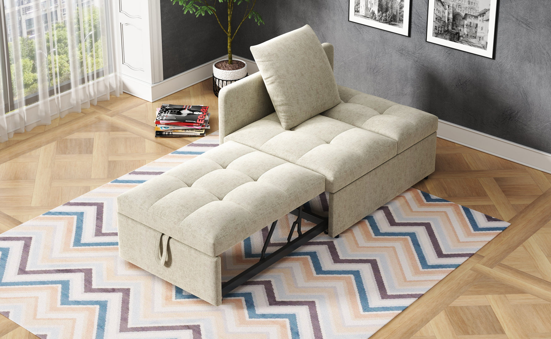 3-in-1 Multifunctional Sofa Bed, Space-Saving Sleeper with Linen Fabric, Grey/Beige