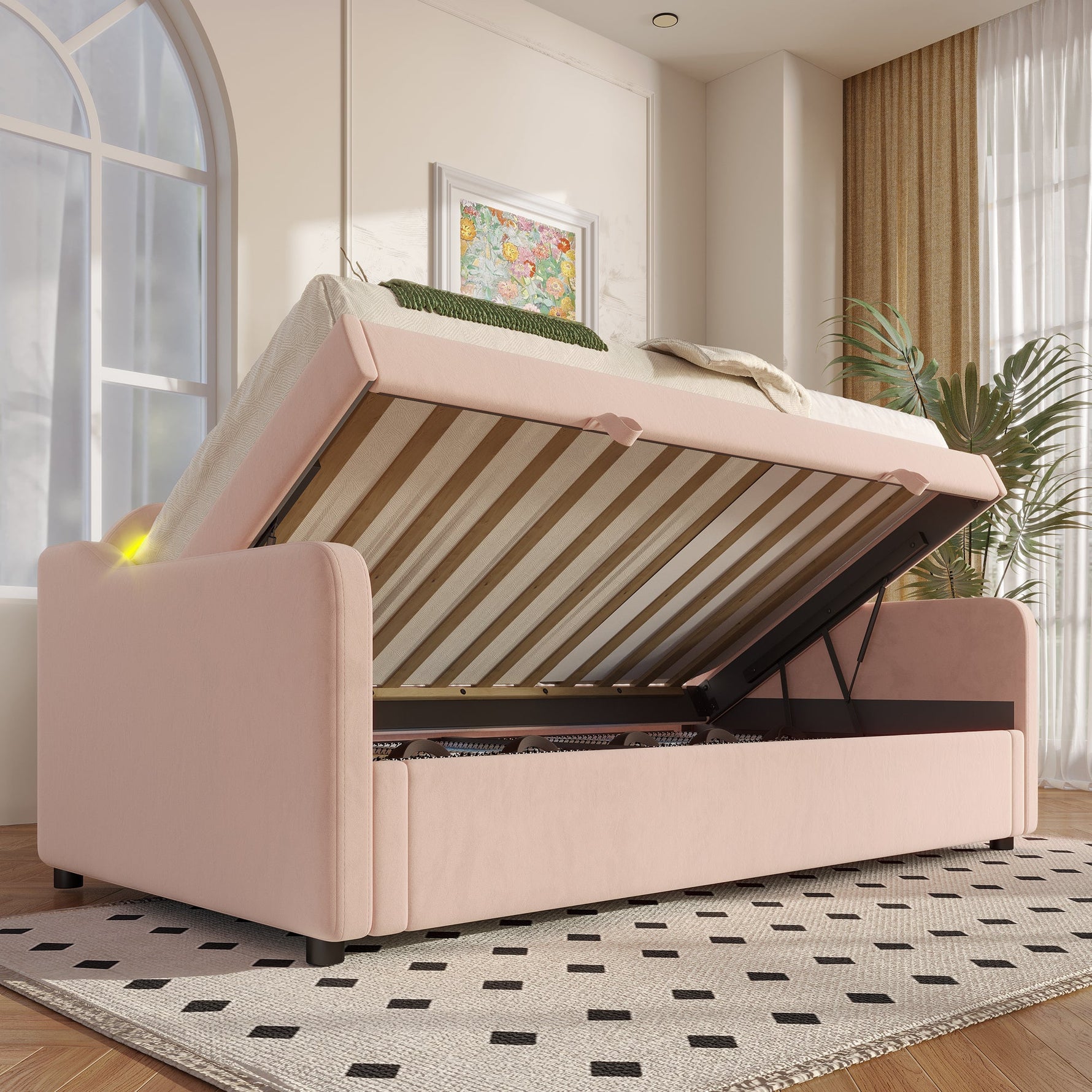 Daybed Sofa Bed 90x200cm Hydraulic Storage LED - Velvet Pink