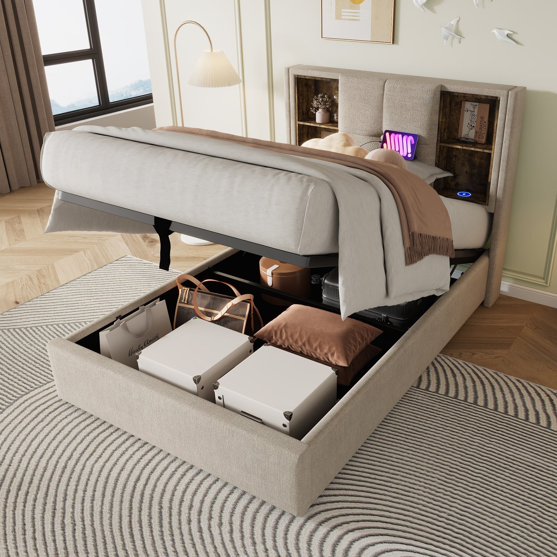 Single Bed, Wireless Charging USB C, Upholstered with Storage, 90x200cm Wood-Natural Linen