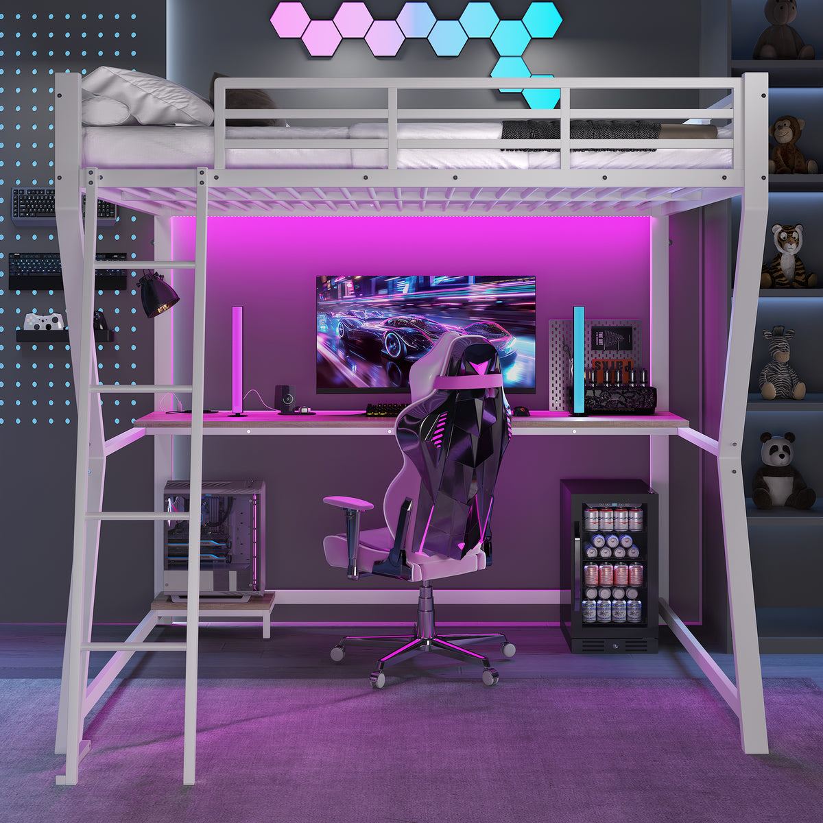 Loft Bed 140x200cm with Desk, LED Lights & USB, White