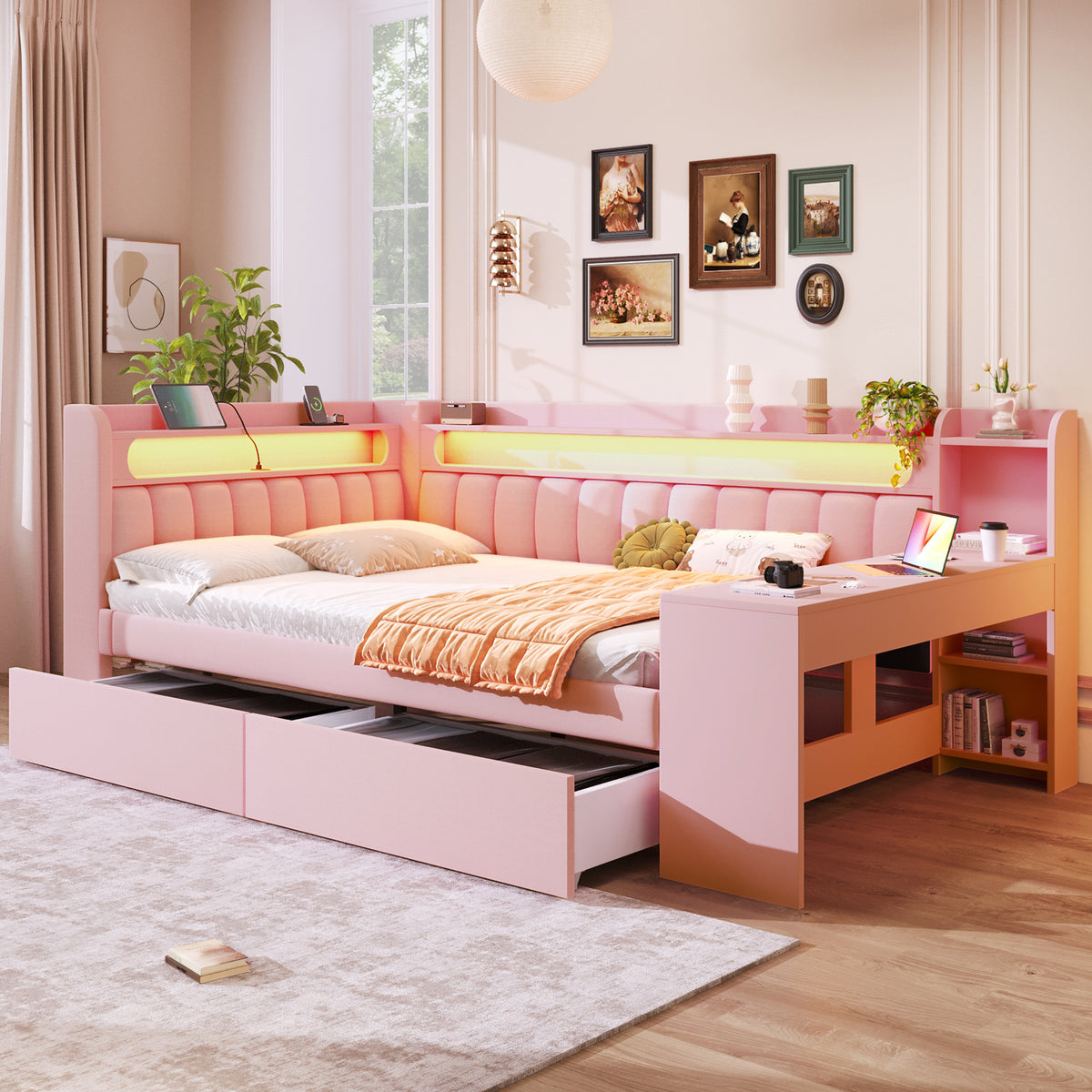 Upholstered Daybed 140x200 with Desk, USB & 2 Drawers, Pink