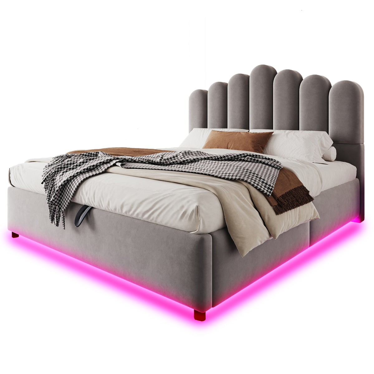 Upholstered Bed 140x200cm with Storage & LED Light - Grey Velvet