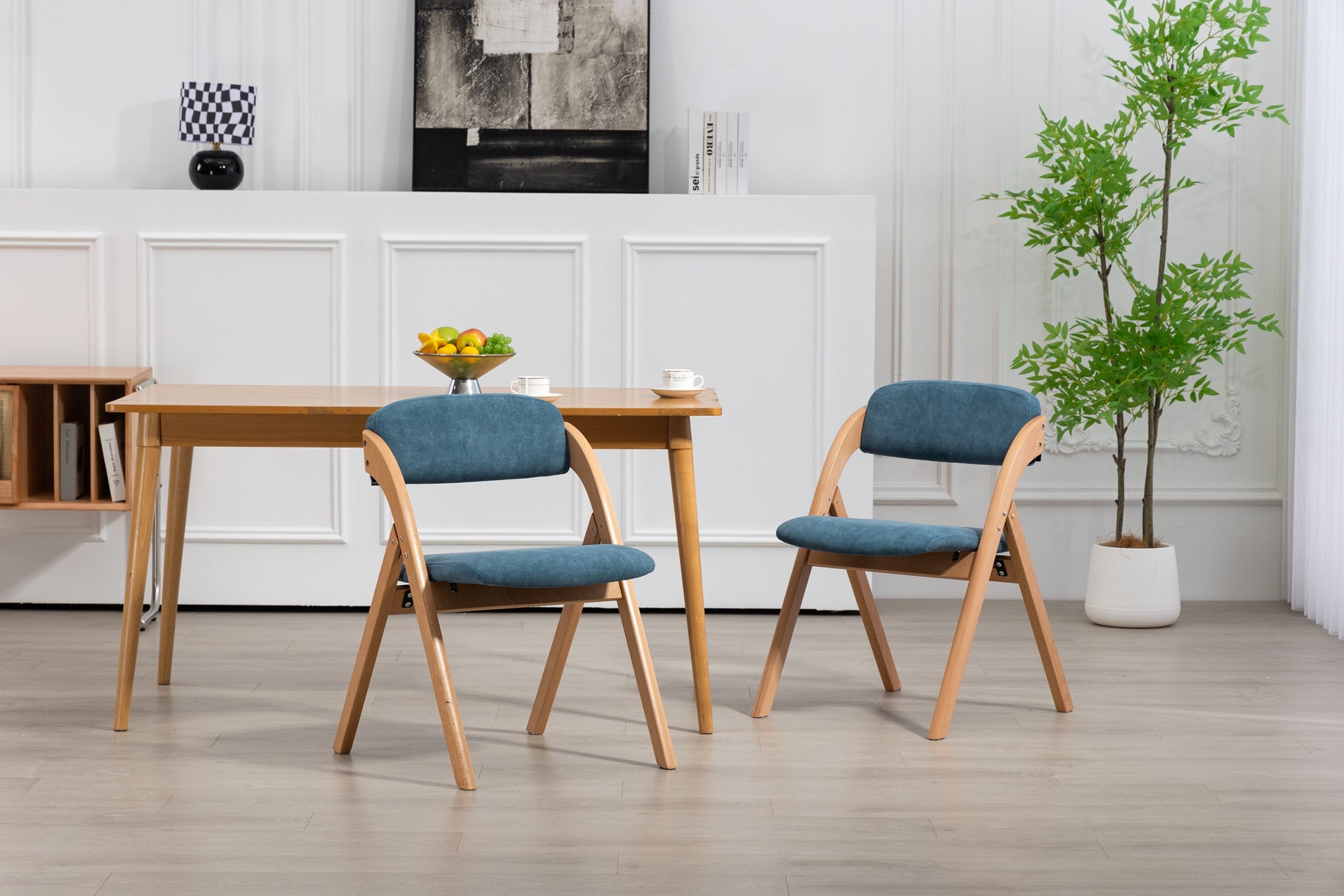 Folding Dining Chairs Set of 2 Stackable Wooden Padded Seats Blue