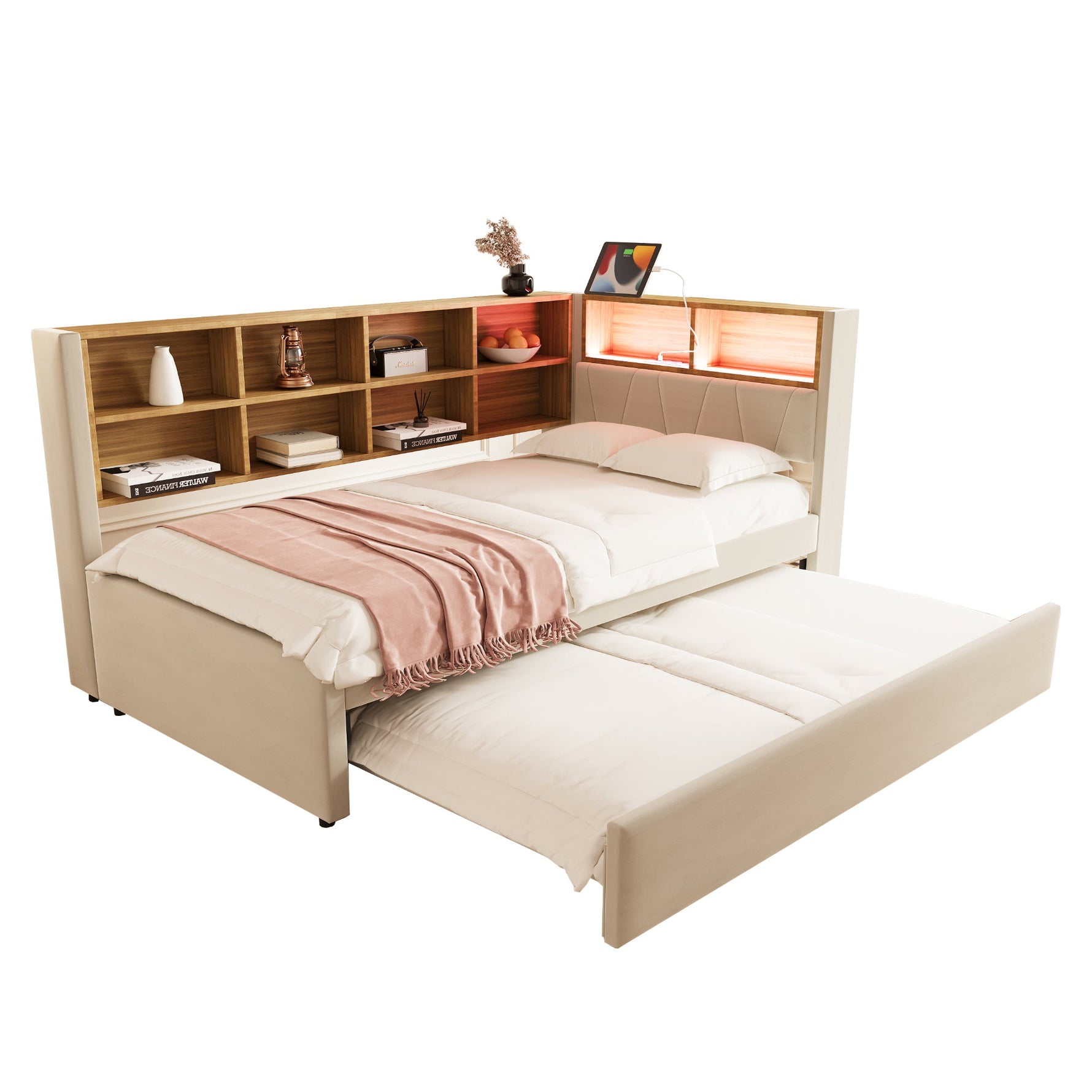 Sofa Bed with Pull-Out Bed, USB Socket, Storage, Upholstered, Beige