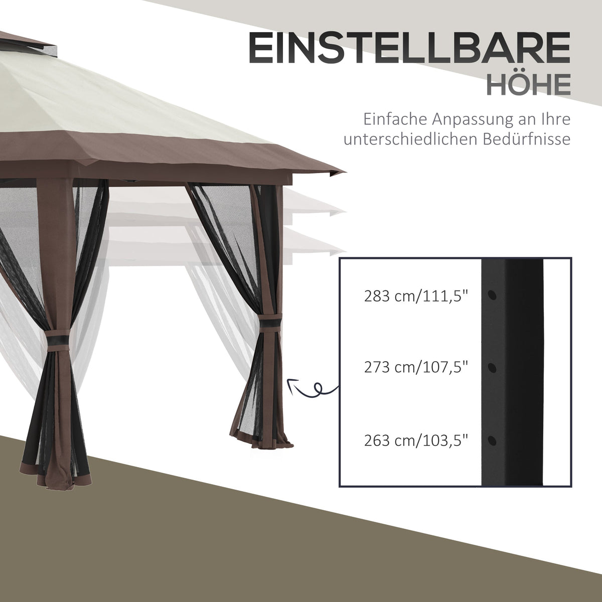 Folding Gazebo 4x4m Height Adjustable UV Protection Net Curtains Double Roof, Beige