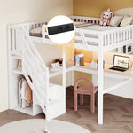 Solid Wood Bed 140x200 with Desk, Storage & LED - White