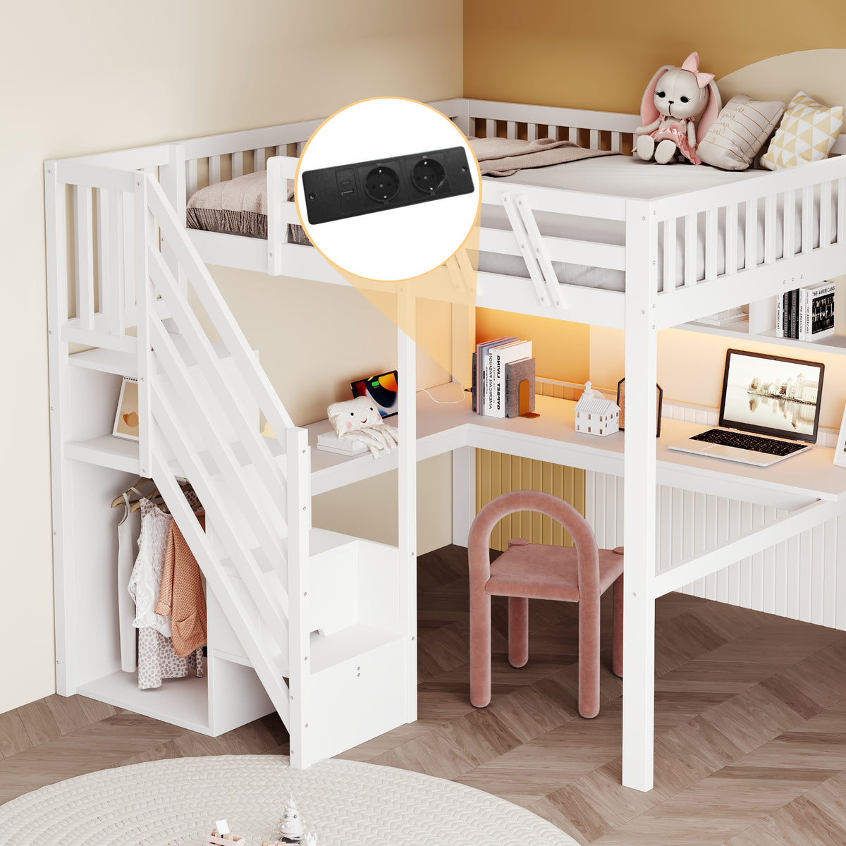 Solid Wood Bed 140x200 with Desk, Storage & LED - White