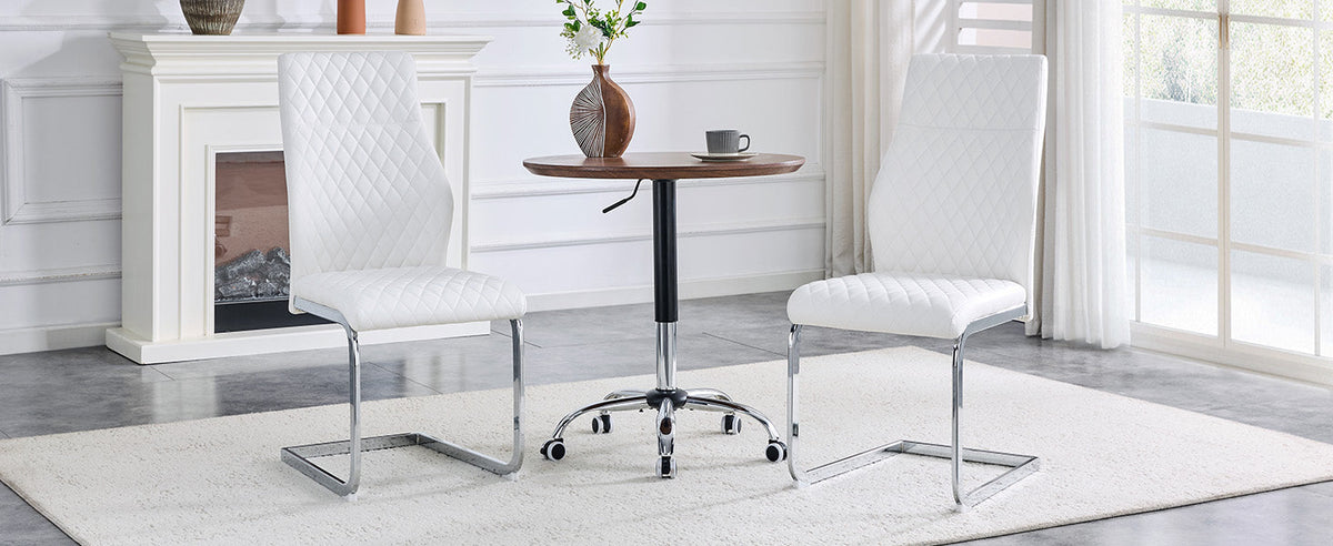 Dining Chair Set of 2 with High Backrest and Padded Seat, White PU Leather and Silver Metal