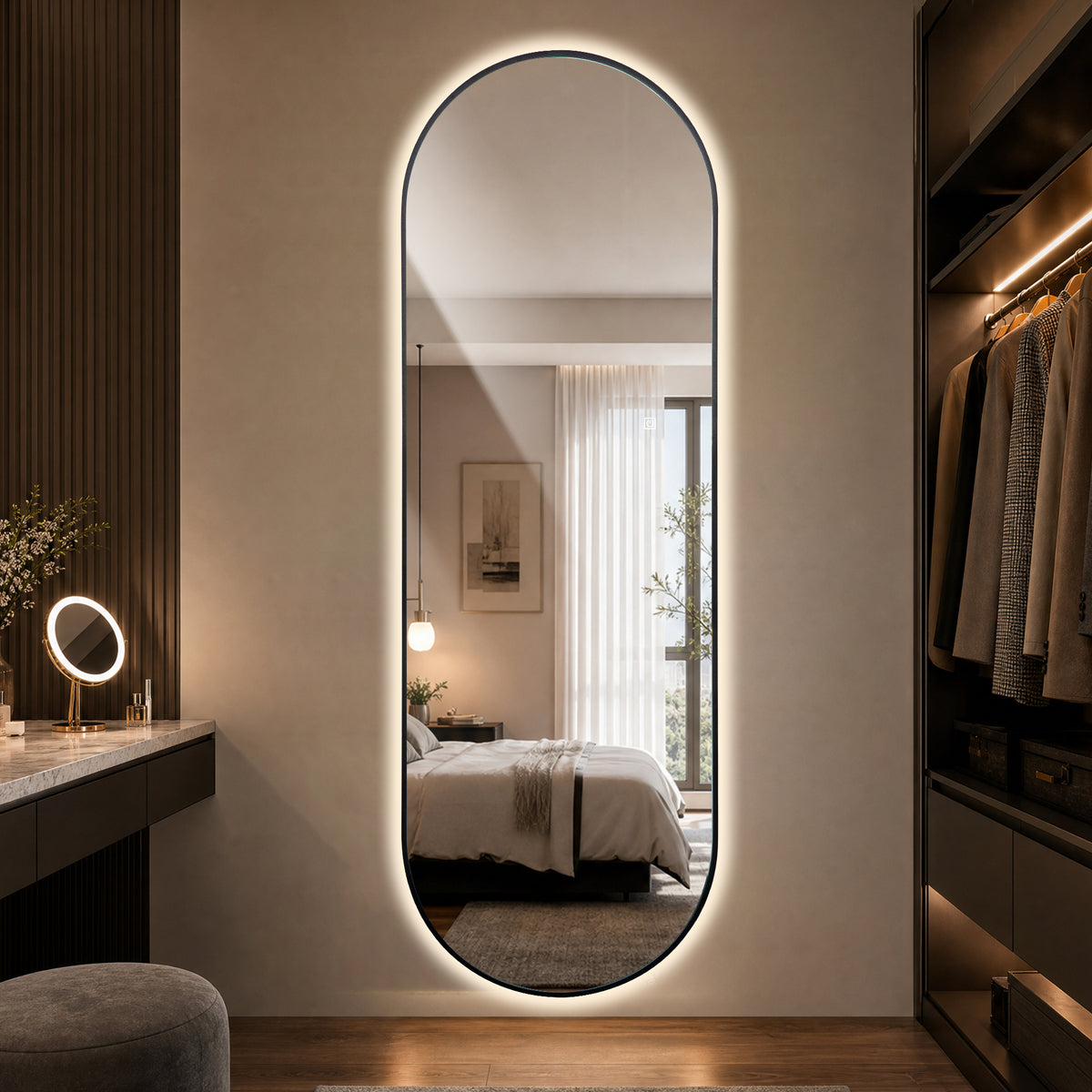 LED Full-Length Mirror 150x50cm Dimmable Backlight Black Aluminum
