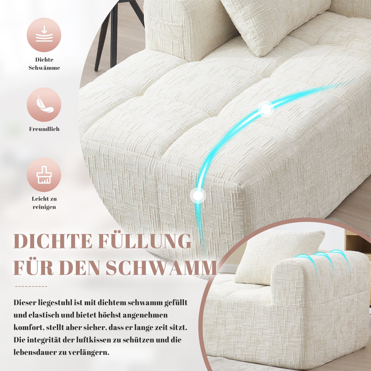 Chaise Longue Sofa, Comfortable No Assembly Side Pockets, Beige