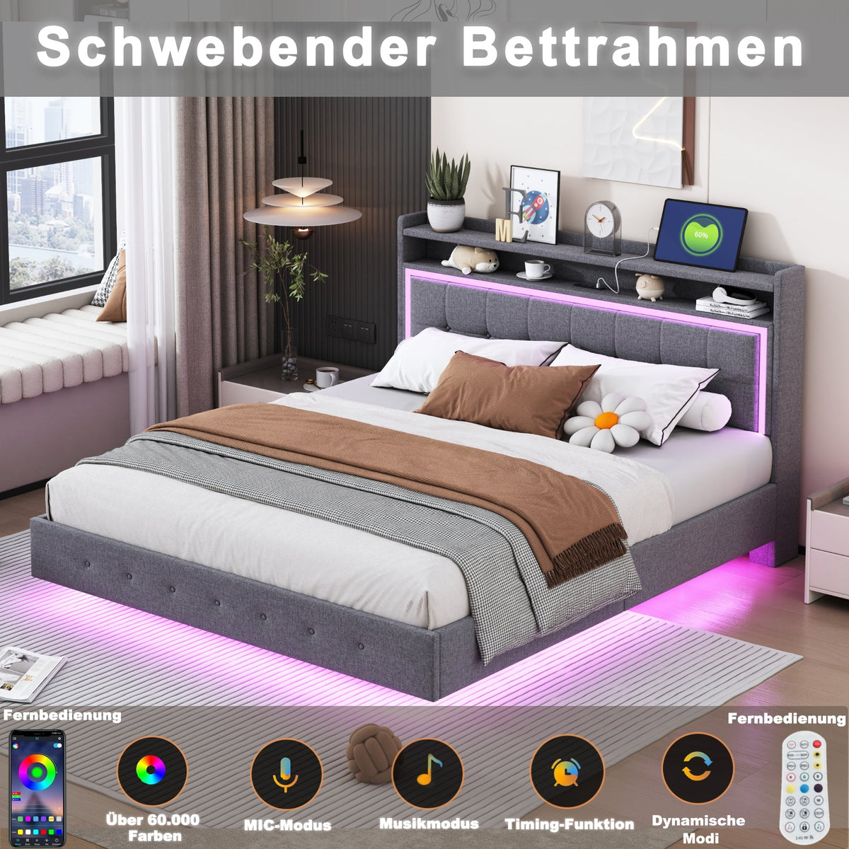 Upholstered Bed, 160x200 USB & LED, Linen Fabric Gray