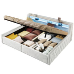 Velvet Platform Bed 140x200 with Hydraulic Storage & LED, Beige