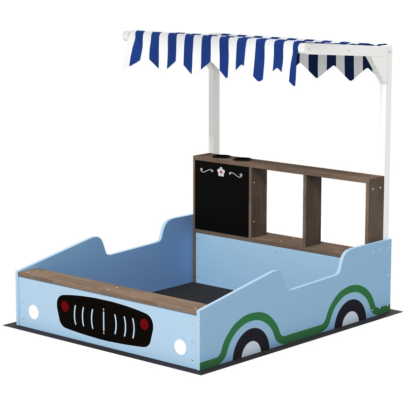 AIYAPLAY Sandpit with canopy, shop design, bench, drawing board, fir wood, blue