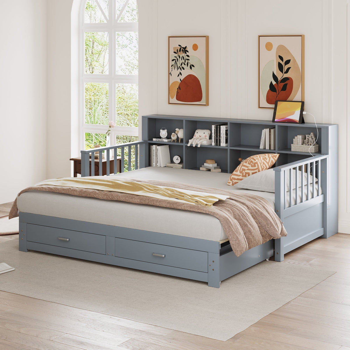 Sofa Bed, Pull-Out 90/180x190 cm with Storage & Charging, 2 Drawers, Pine, Grey
