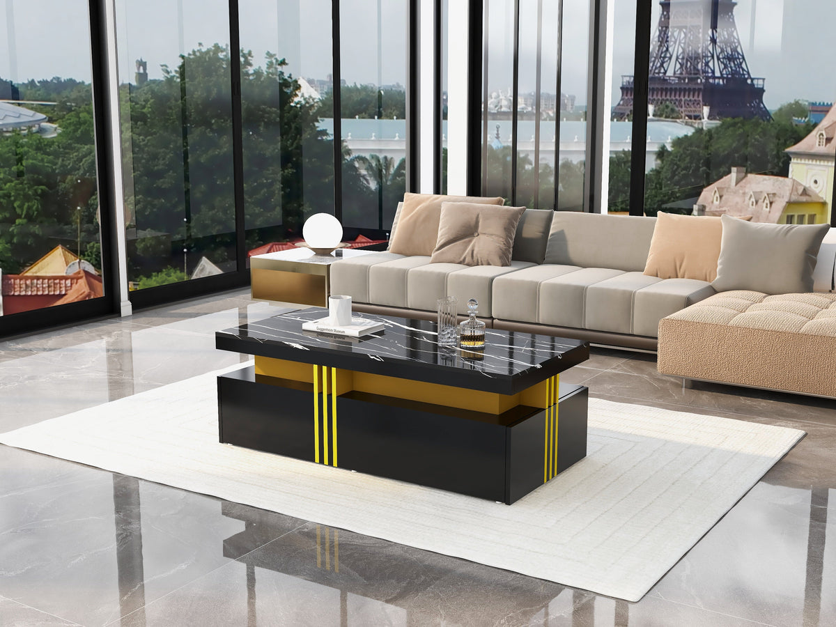 Modern Rectangular Coffee Table with 2 Drawers, High-Gloss and Marble