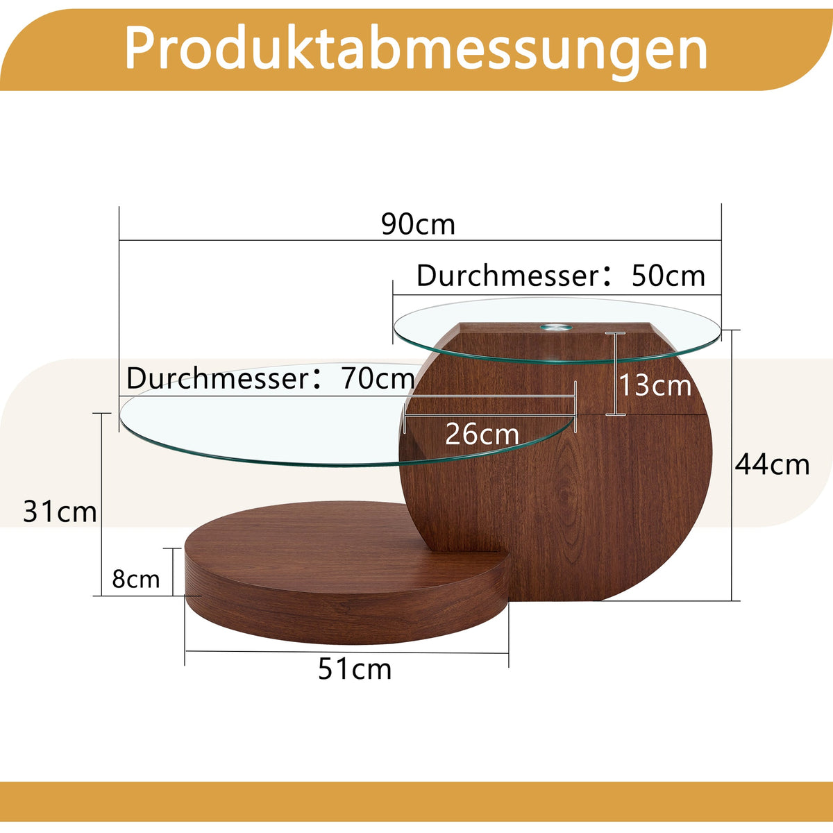 Modern Minimalist Coffee Table with Double-Layered Safety Glass and Multi-Tiered Design, Walnut Wood Grain Finish