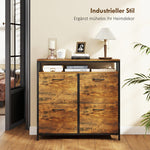Shoe cabinet with 4 folding drawers, slim design, open shelf, steel, brown
