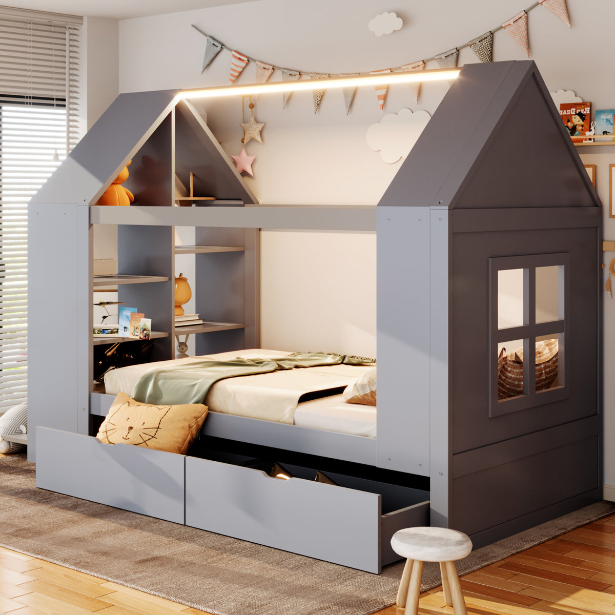 Children's House Bed 90x200cm with Storage Drawers & LED, Grey