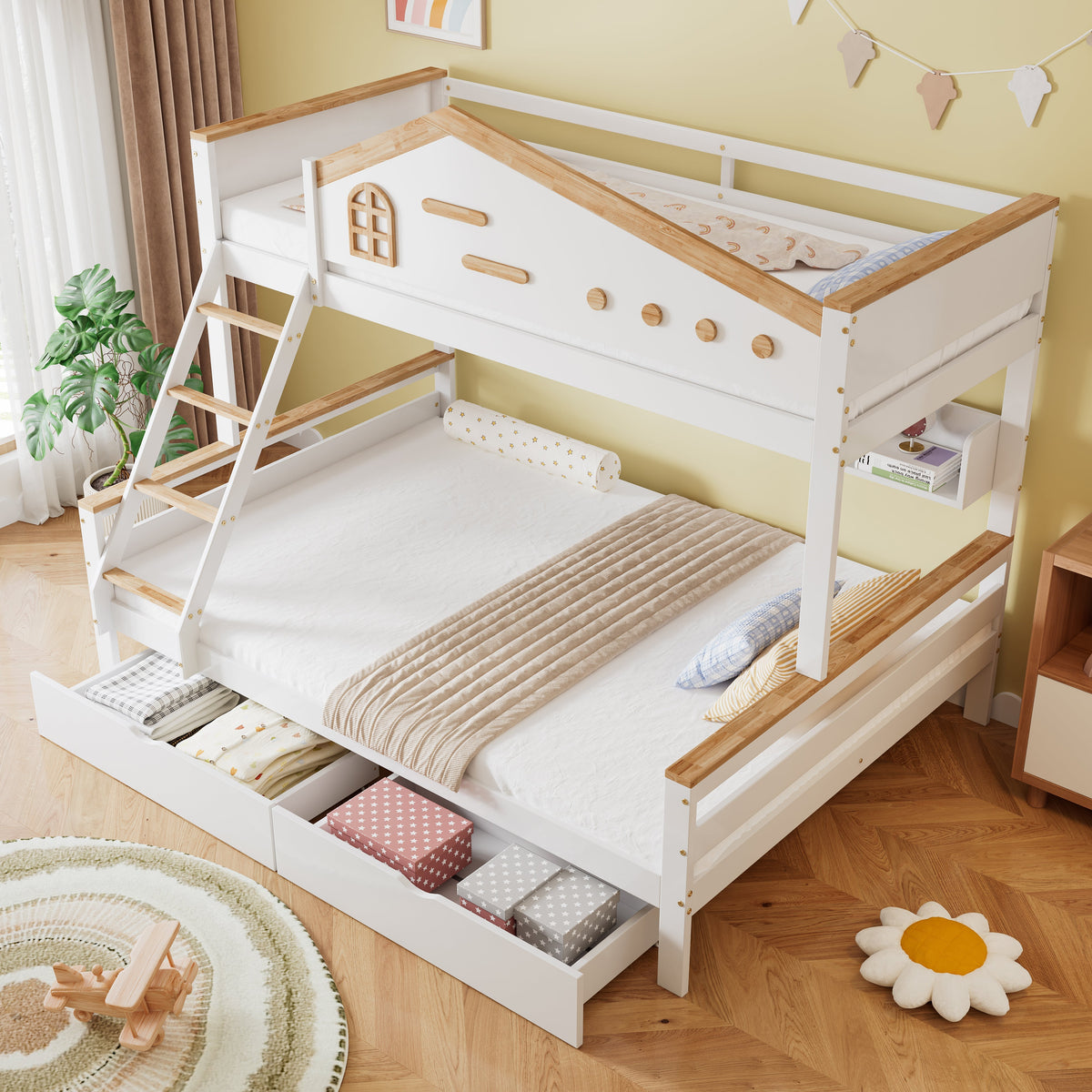 Bunk Bed, Children's with Drawers & Ladder, Pine+MDF White+Natural
