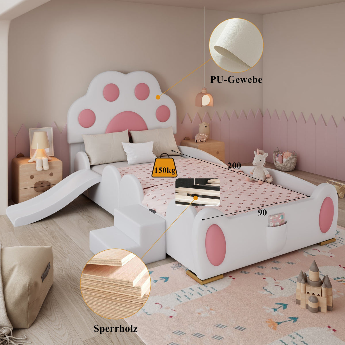 Upholstered Bed, Children's Cat Paw Headboard with Slide & Ladder, PU White + Pink