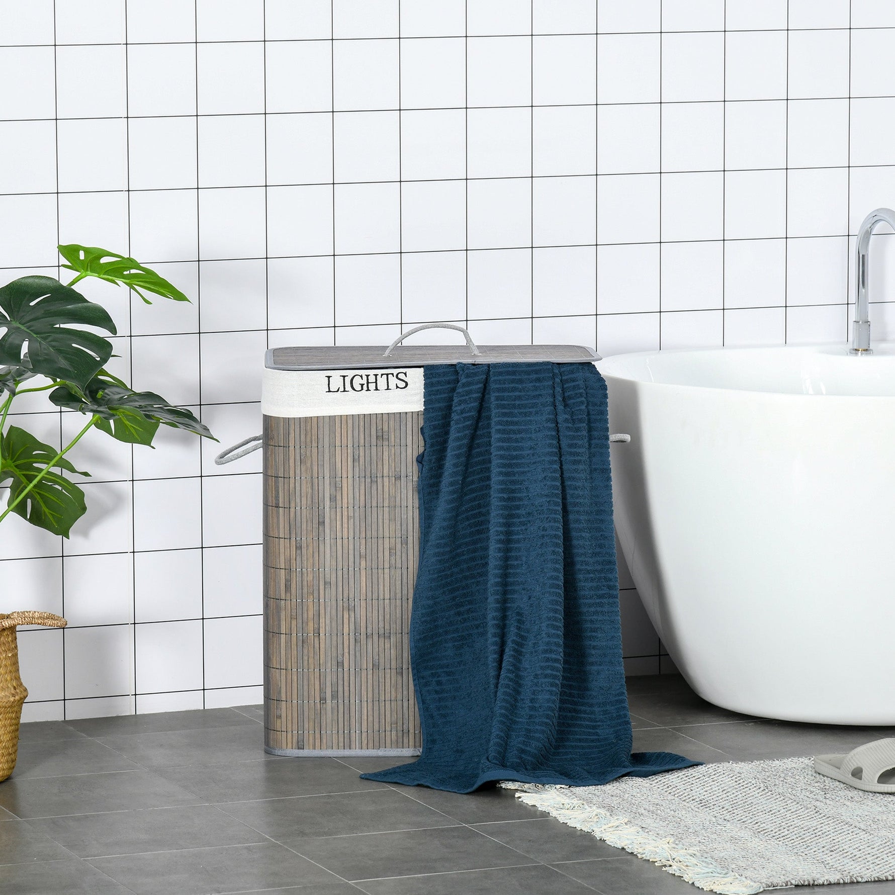 Laundry Basket 100L 2 Compartments Foldable Bamboo, Grey