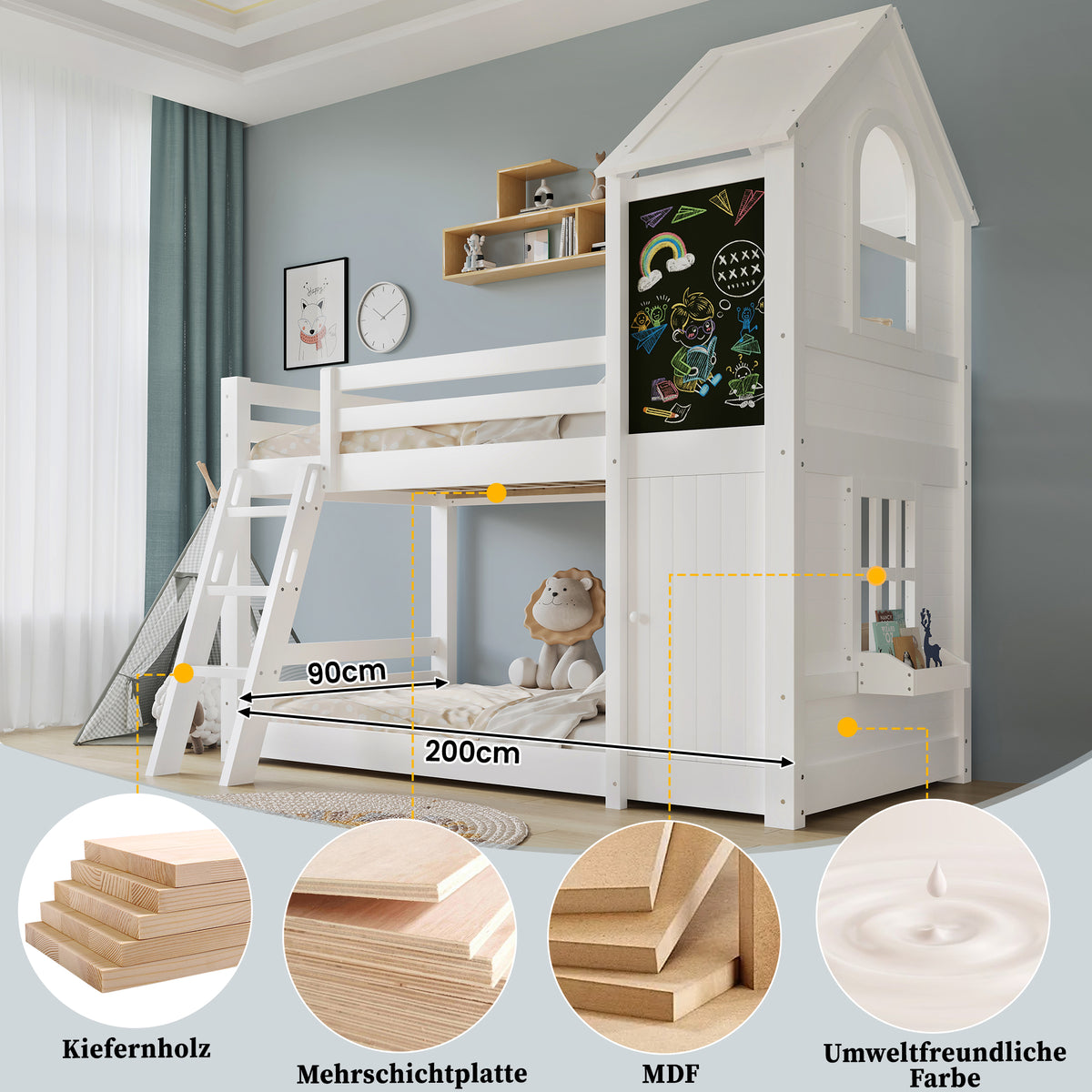 Children's Bunk Bed with Windows & Chalkboard, White Pine
