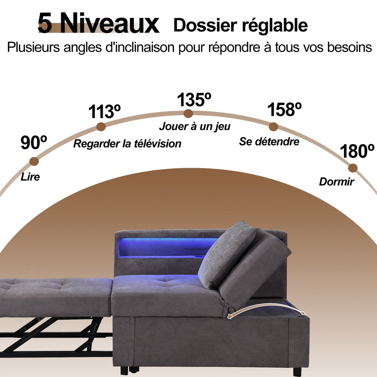 Upholstered Sleeper Sofa, 3-in-1 Multifunctional LED USB Ports, Linen Fabric
