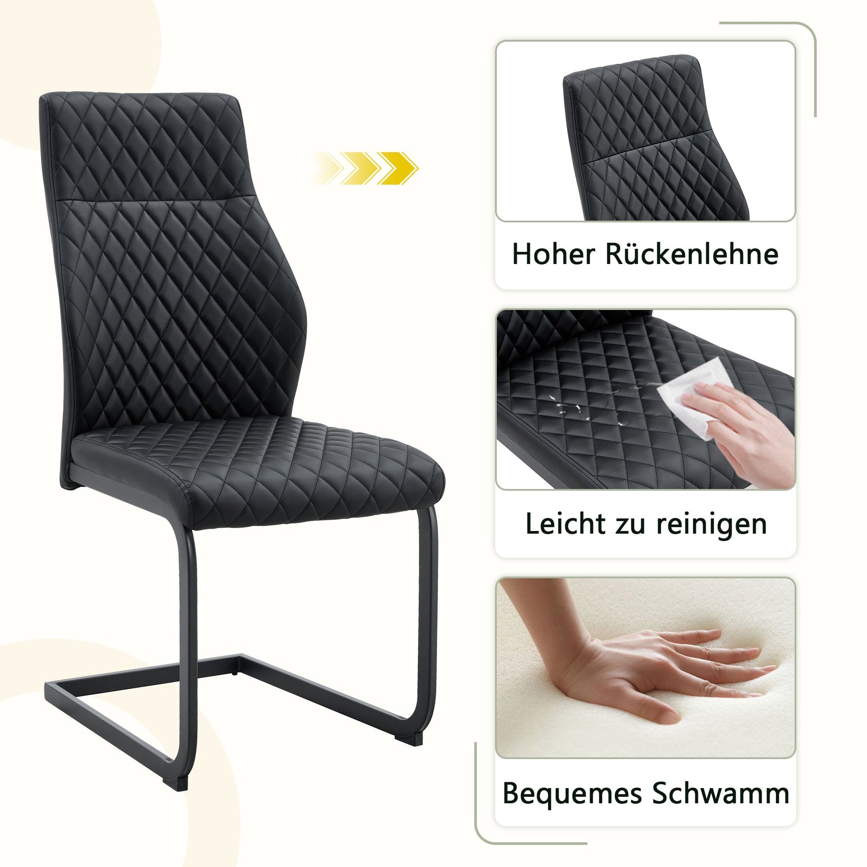 Dining Chair Set of 2 with High Backrest and Diamond Pattern, Black Metal Frame and PU Leather