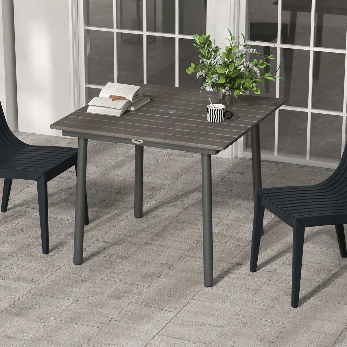 Garden Table Dining Table 4 People Umbrella Hole Slatted Frame HDPE Dark Grey