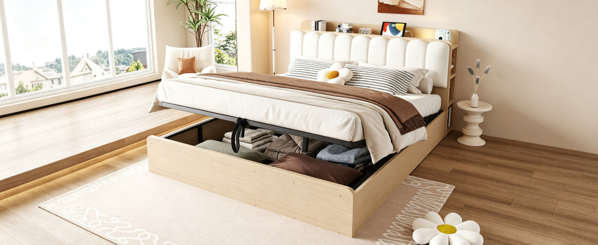 Wooden Flatbed 180x200 with Hydraulic Storage & USB, Wood