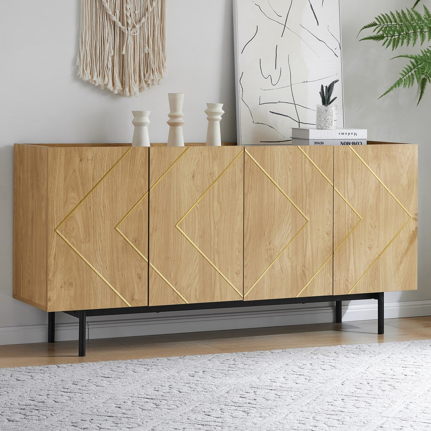 Sideboard living room buffet cabinet with 4 doors and metal inlay natural wood