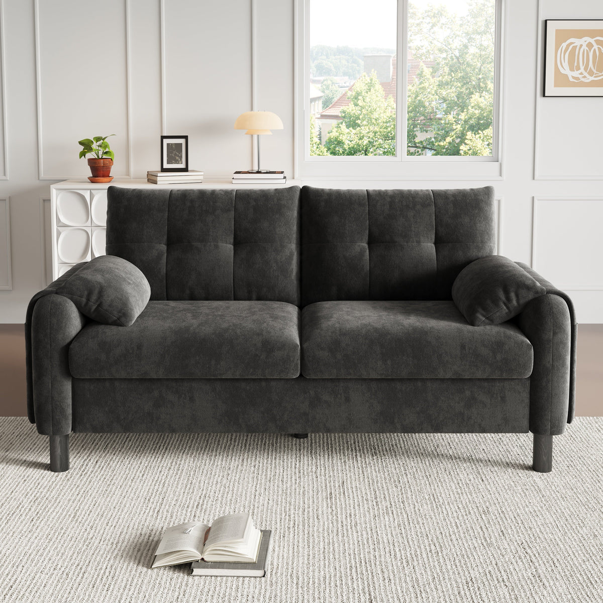 Modern 2-Seater Sofa, Thick Cushions, Scandinavian Design, Chenille Gray