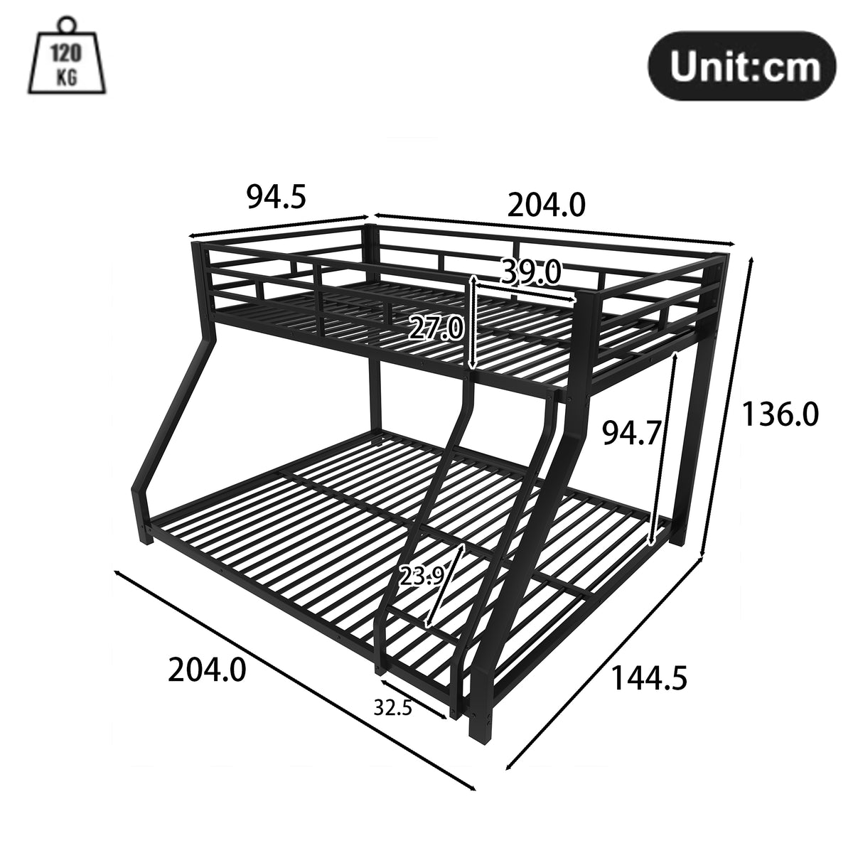 Bunk Bed 90x200 / 140x200 with Railing & Step, Black Metal