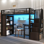 Loft Bed 90x200 cm with Desk, Storage & LED, Black Iron Frame