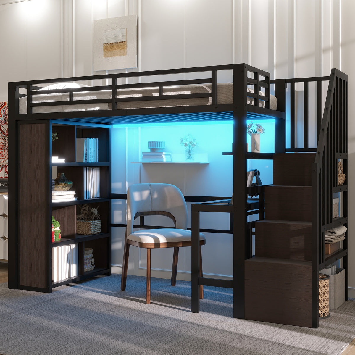 Loft Bed 90x200 cm with Desk, Storage & LED, Black Iron Frame