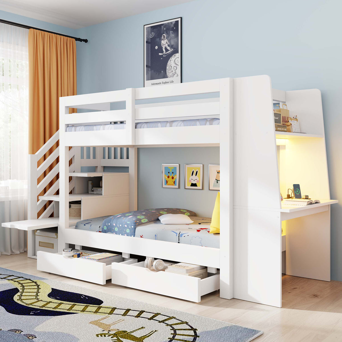 Children's Bunk Bed 90x200cm with Desk & Storage, White Wood