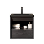 Floating Bathroom Vanity Unit with Ceramic Sink and Storage Drawer, Black Wood Grain