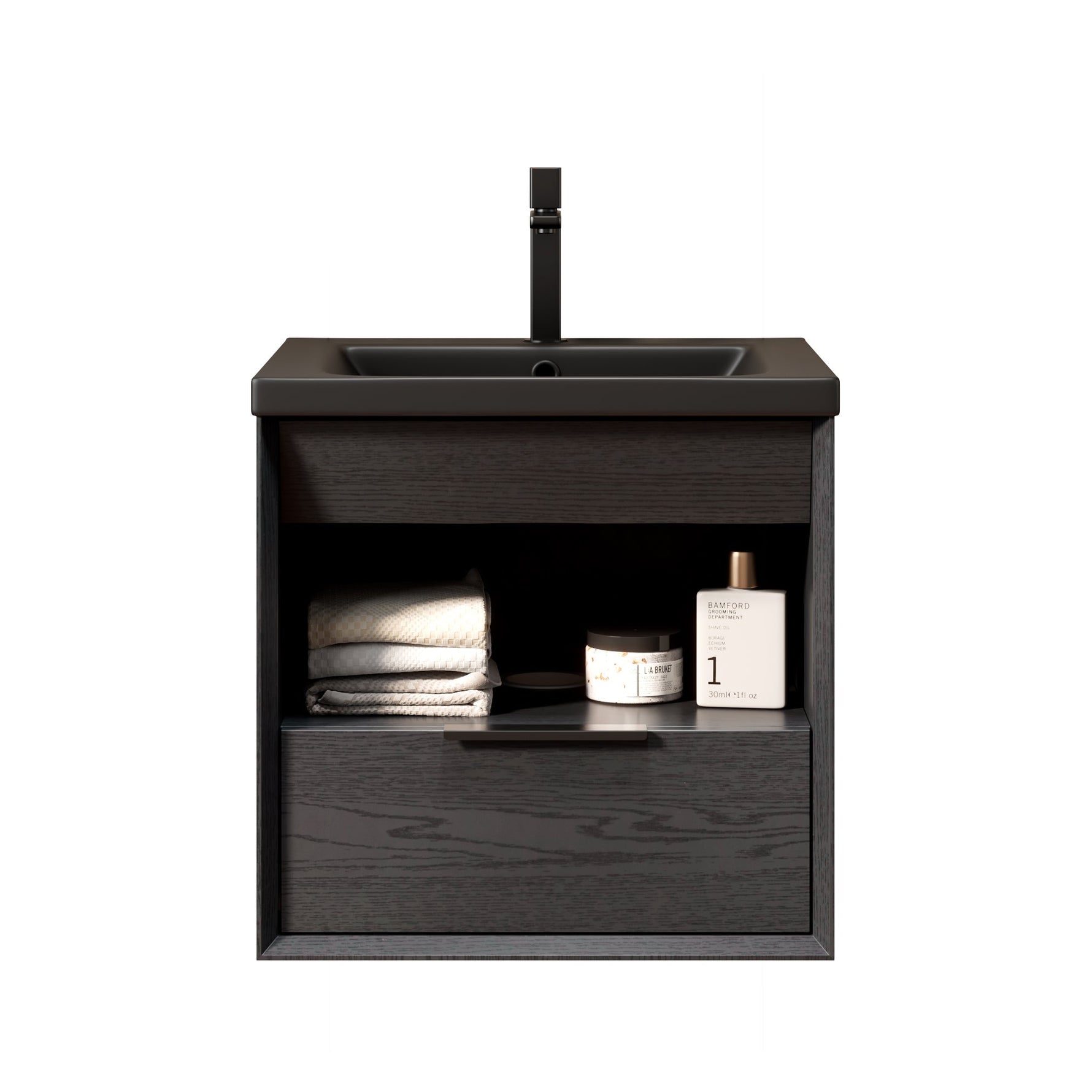 Floating Bathroom Vanity Unit with Ceramic Sink and Storage Drawer, Black Wood Grain