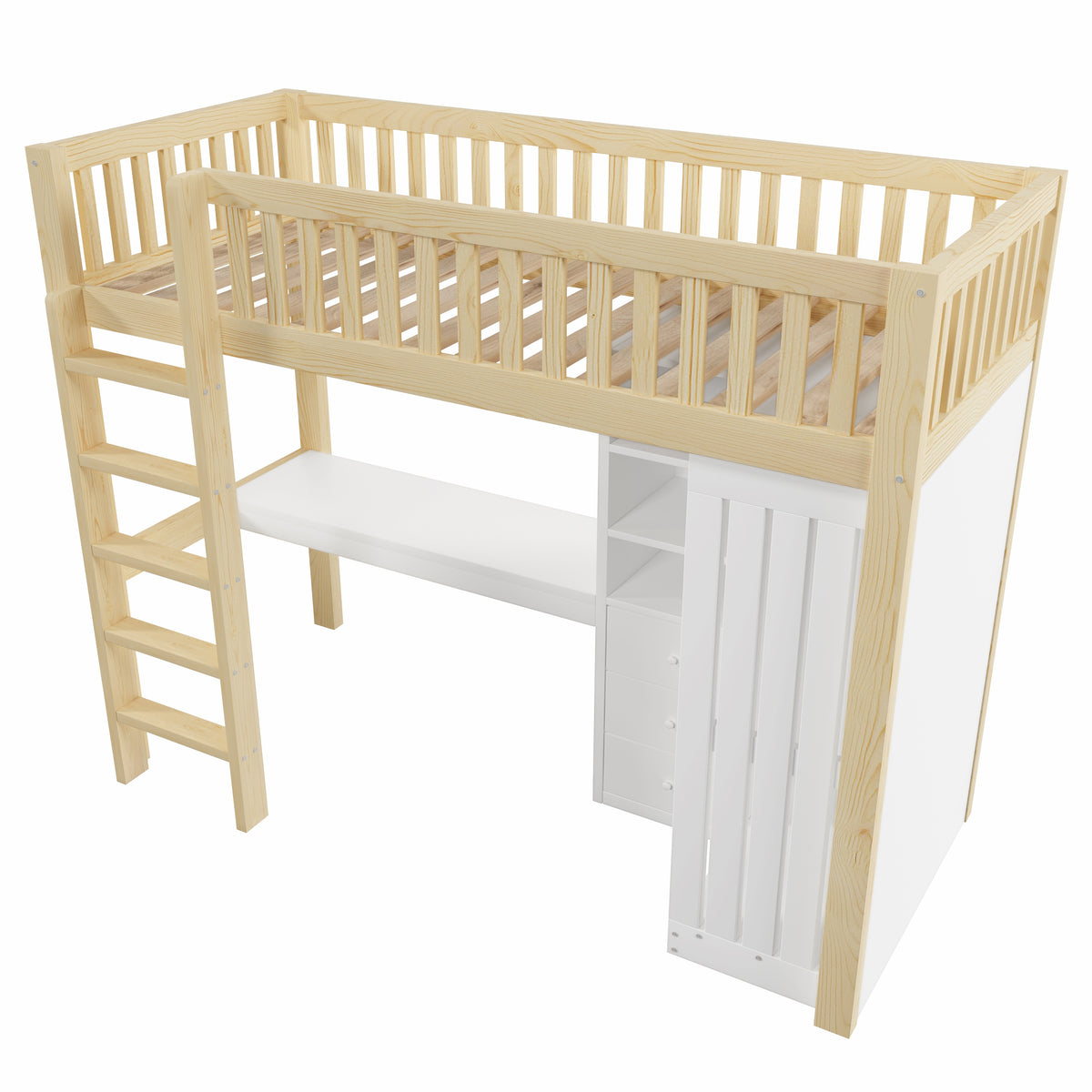 Loft Bed 90x200cm with Desk, Wardrobe & Drawers, Natural