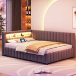 Upholstered Bed/Sofa Bed 140x200 LED Light USB Port Velvet Fabric, Grey