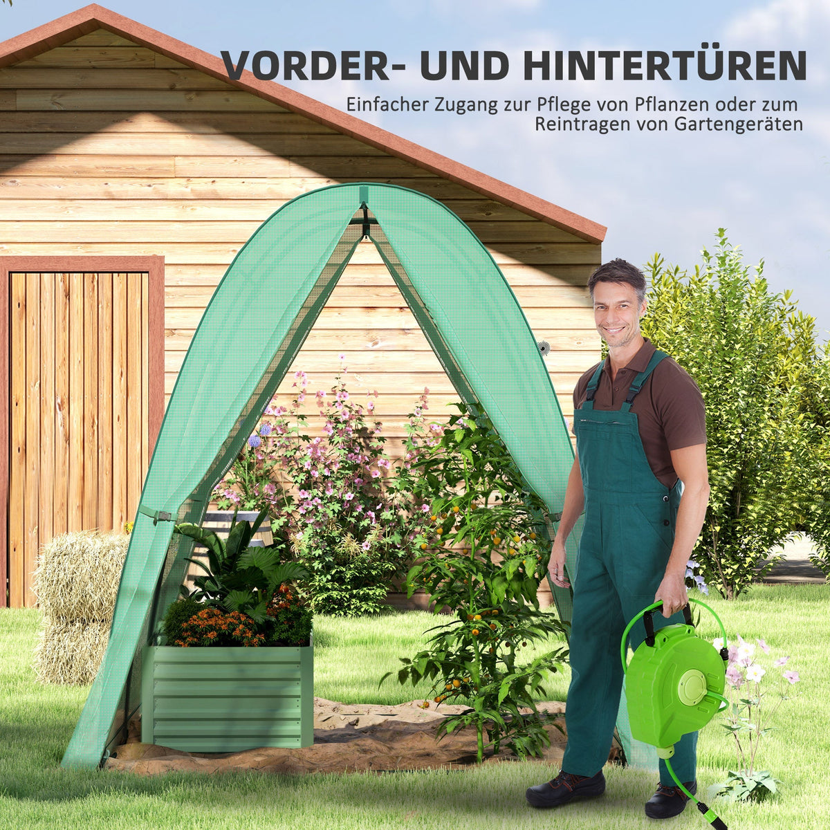 Greenhouse with Roller Door, 2 Windows, Steel, Green