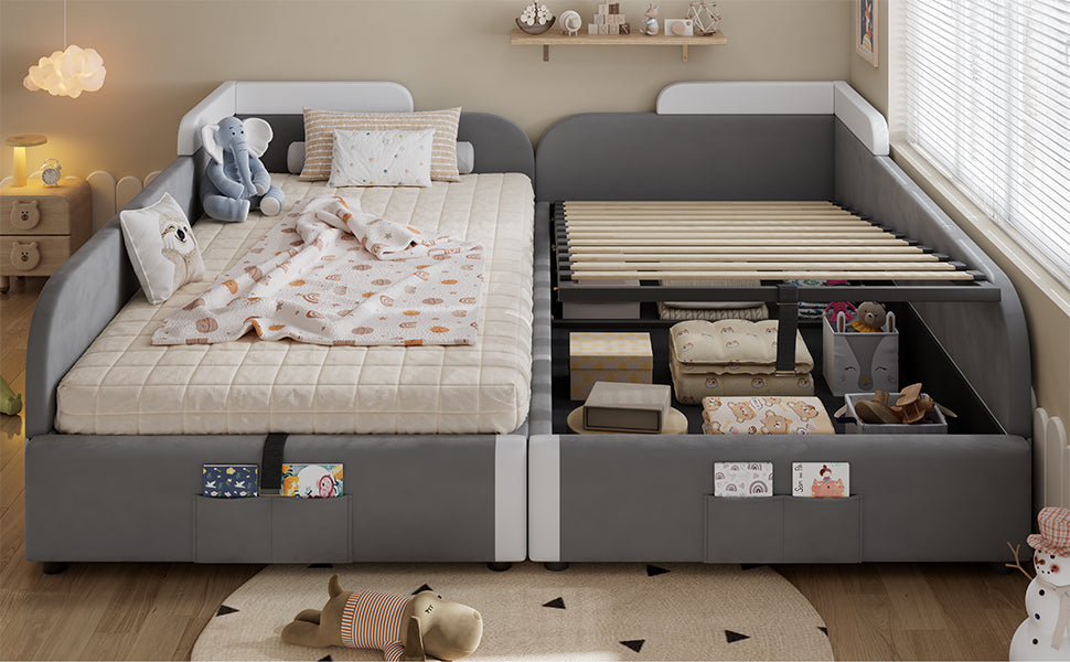 Upholstered Bed, Combined Children's Hydraulic with Storage, Grey Velvet & Plywood