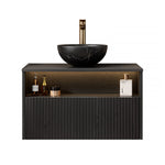 Floating Bathroom Washbasin with Ceramic Bowl and Sensor Light, 80cm Black Plywood Cabinet