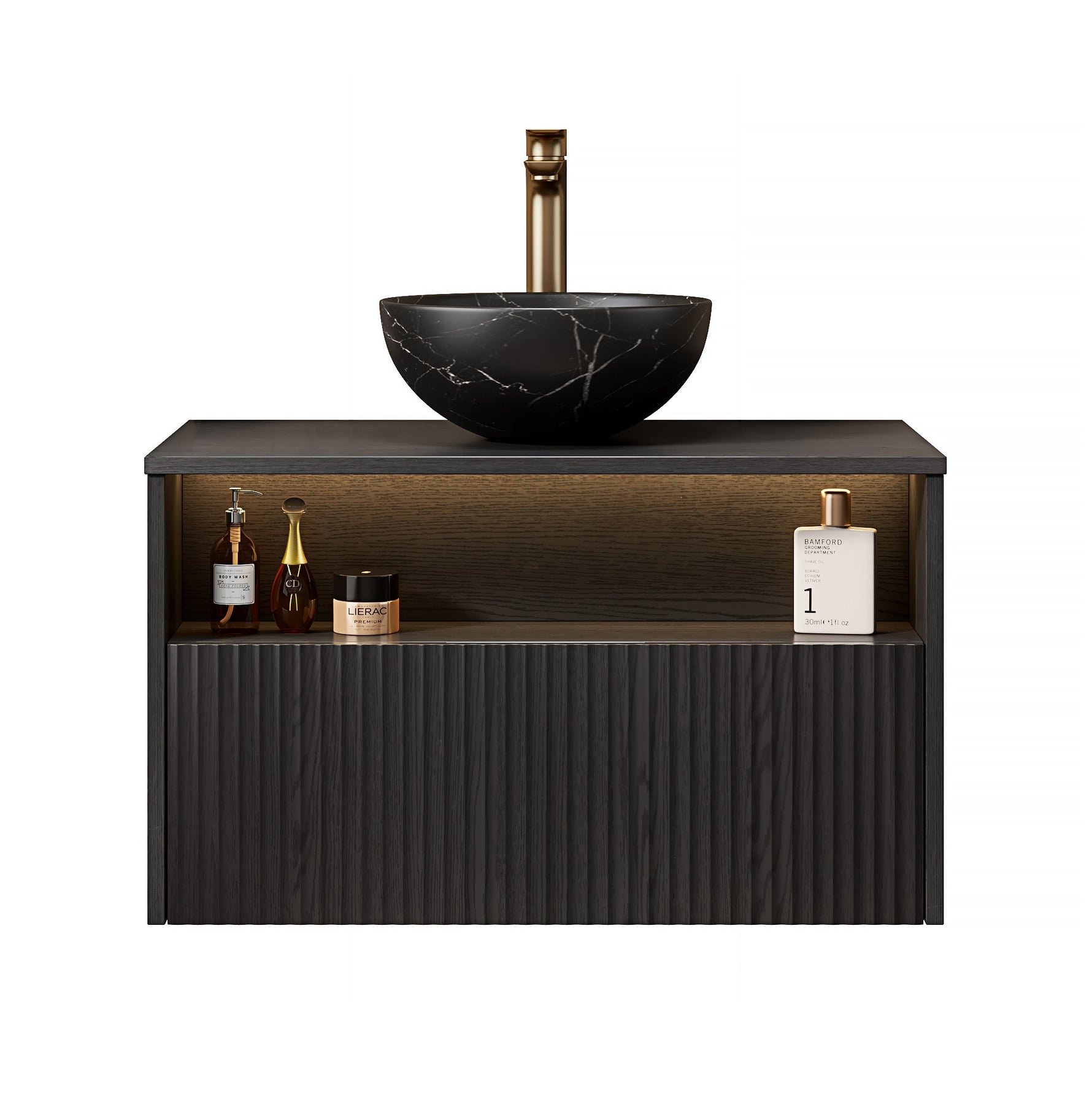 Floating Bathroom Washbasin with Ceramic Bowl and Sensor Light, 80cm Black Plywood Cabinet