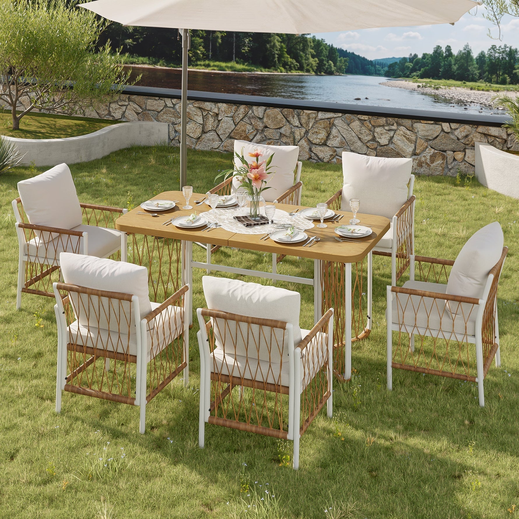 Modern Outdoor Leisure and Meeting Set with Woven Armrests and Cushions, Iron Frame