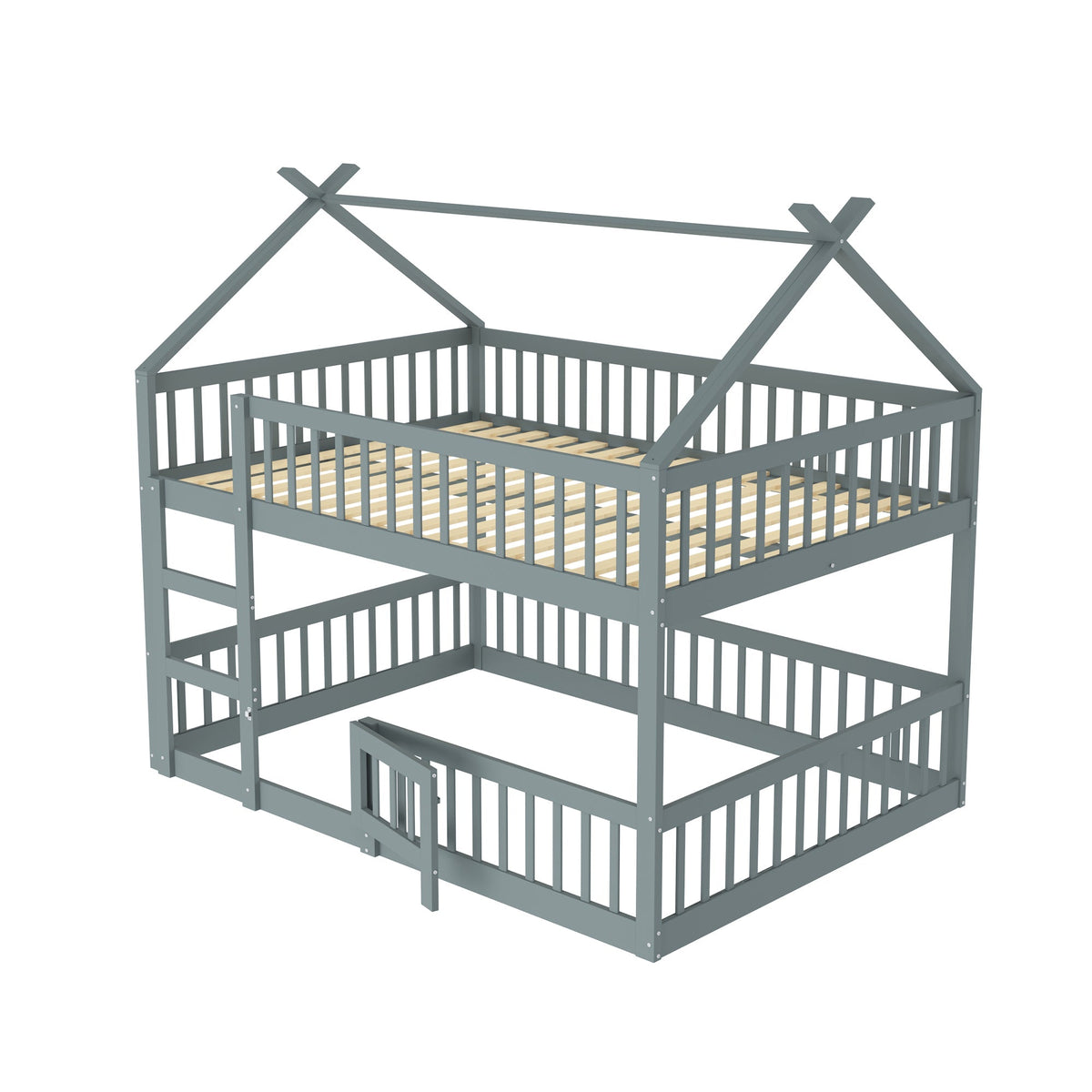 Bunk Bed, 140x200cm Family Bed with Stairs, Solid Wood, Grey